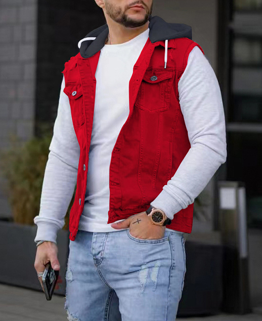 Casual Contrast Color Buttons Hooded Pockets Cargo Vest