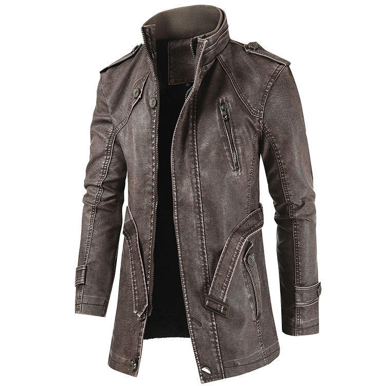 2020 Autumn And Winter New Men's Mid-length Casual Fashion PU Leather Jacket Stand-collar Slim Youth Windbreaker