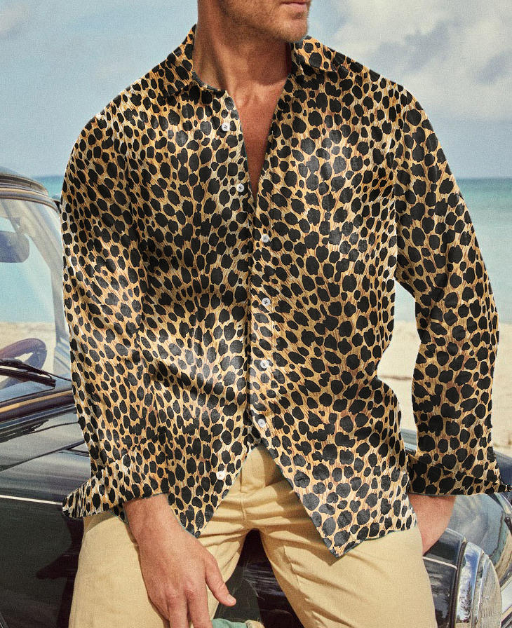 Casual Leopard Print Button Lapel Collar Long Sleeve Shirt