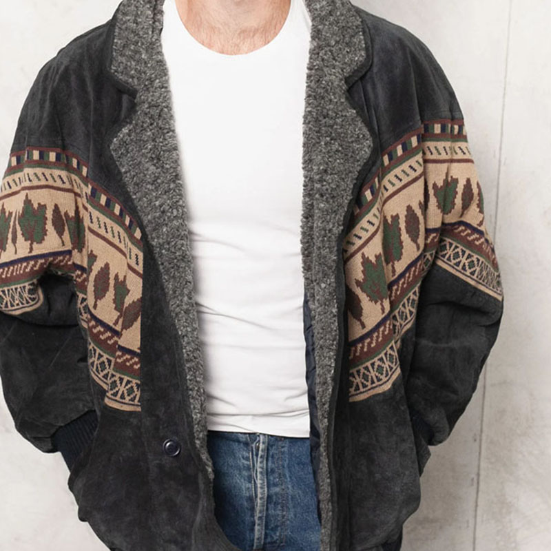 Mens Retro Suede Patchwork Polar Fleece Jacket