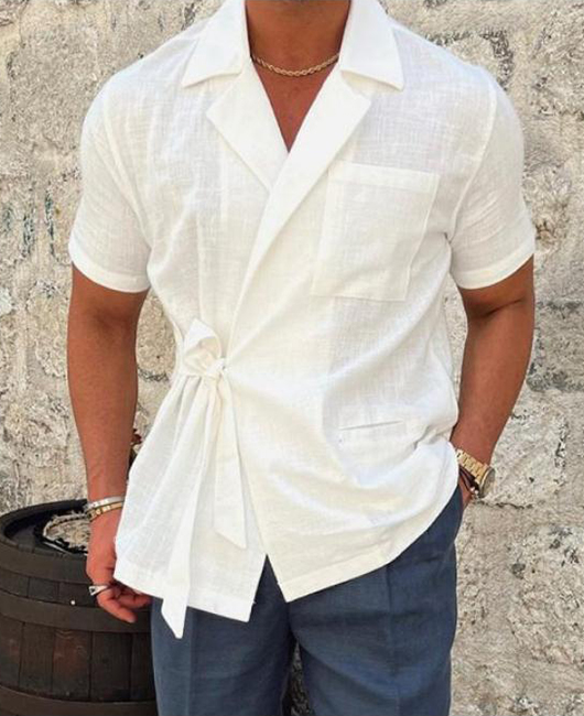 Casual Plain Notch Lapel Tie Front Short Sleeve Linen Shirt