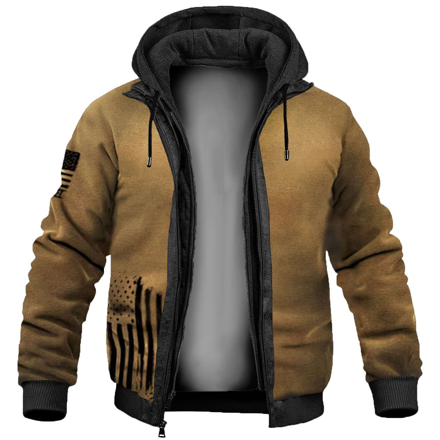 Men's Retro American Flag Printed Warm Fleece Hooded Jacket