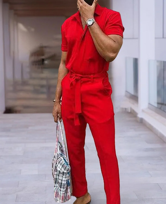 OK Casual Plain Short Sleeve Polo Shirt & Pants 2Pcs Set