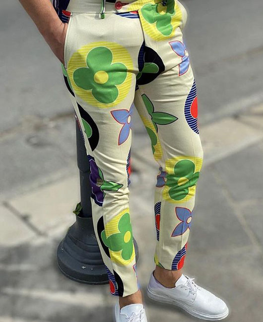 Casual Floral Print Pocket Slim Fit Straight Pencil Pants