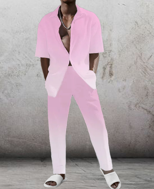 OK Fashion Gradient Lapel Collar Short Sleeve Shirt & Straight Pants 2Pcs Set