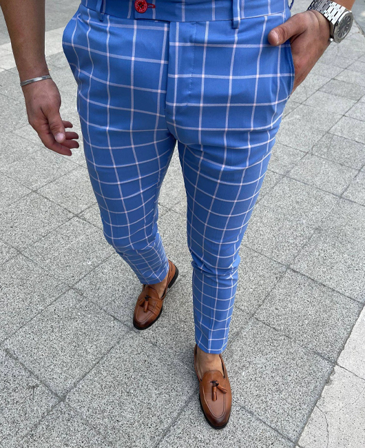 Casual Blue Plaid Pocket Slim Fit Pencil Pants