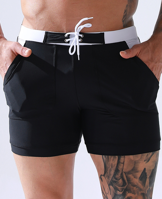 Vacation Sporty Contrast Color Drawstring Boxer Swim Trunks With Pockets