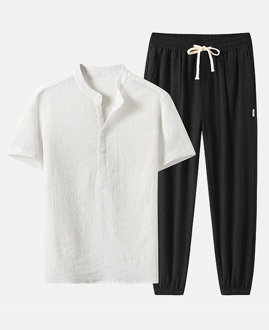 Casual Plain Ice Silk Half Placket Wrinkled Shirt & Pants 2Pcs Set