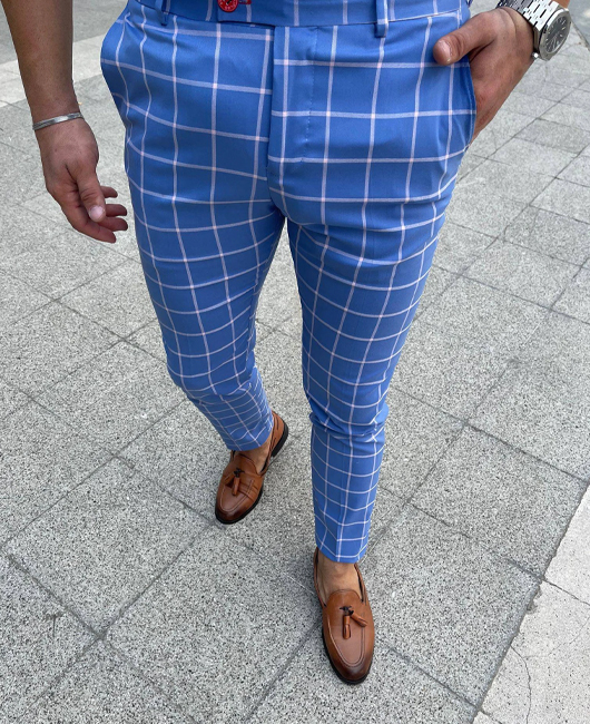 Casual Blue Plaid Pocket Slim Fit Pencil Pants