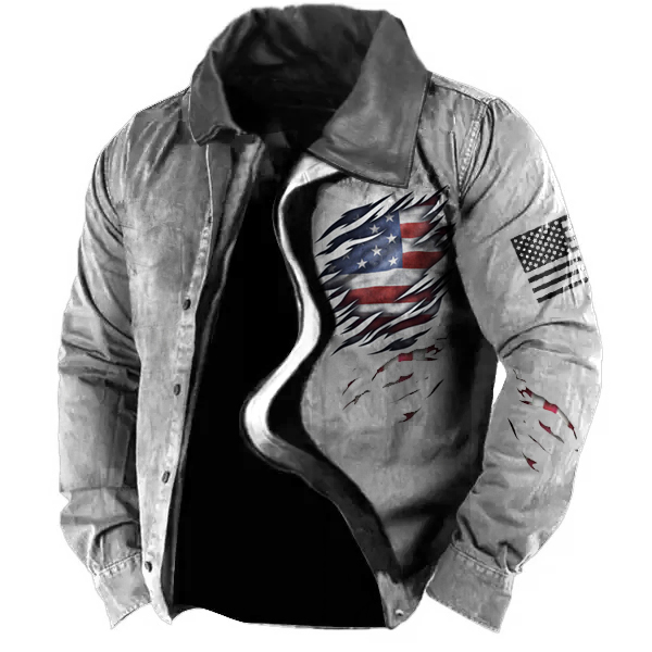 Men's Vintage American Flag Print Leather Collar Tactical Jacket