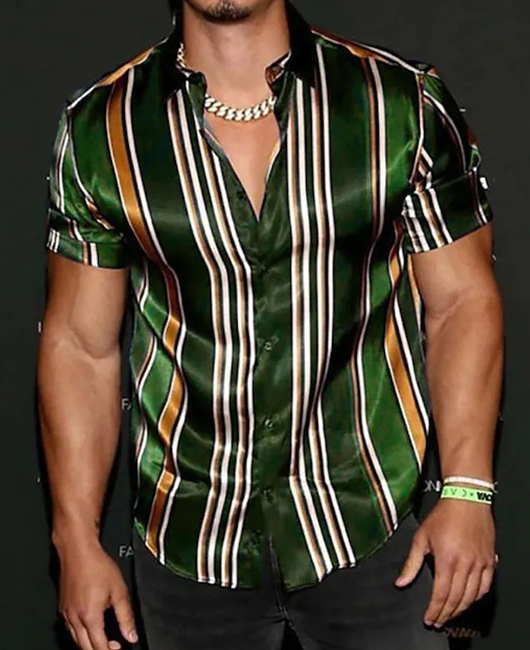 Casual Contrast Color Stripe Short Sleeve Lapel Collar Shirt