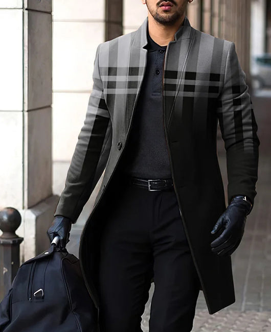 Notch Neck Plaid & Ombre Print Single Breasted Coat
