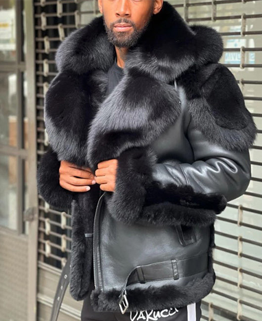 Solid Fuzzy PU Leather Pocket Jacket