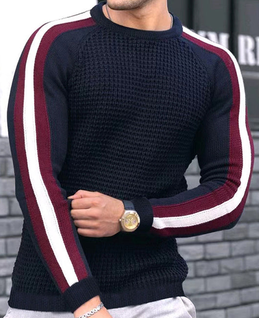 Raglan Sleeve Waffle Striped Sew Panel Knit Shirt