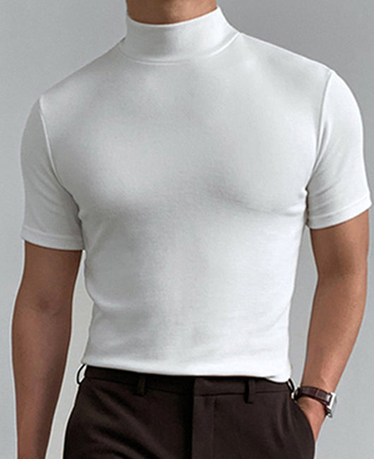 Casual Plain Turtleneck High Stretch Short Sleeve Slim Fit Top