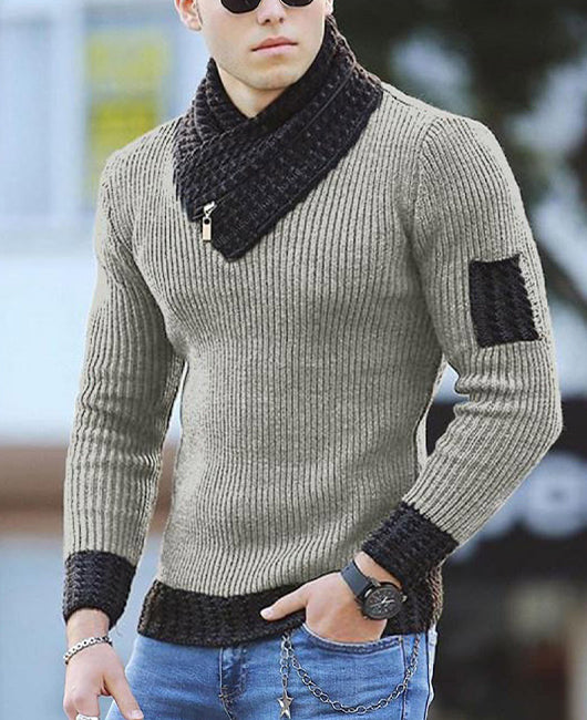 Men Scarf Neck Zip Up Contrast Trim Knitted Sweater