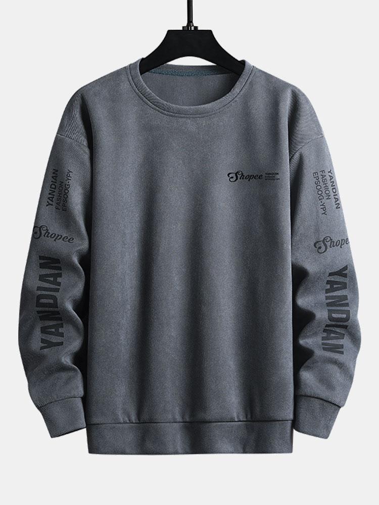 Letter Print Suede Crew Neck Sweatshirt