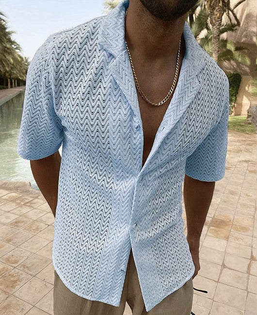 Casual Plain Lapel Collar Hollow Short Sleeve Shirt