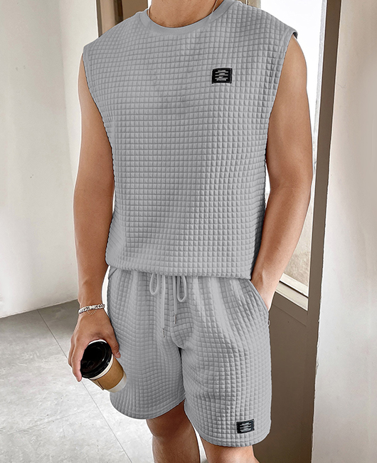 Sporty Plain Gingham Sleeveless Loose Tank Top & Drawstring Shorts 2Pcs Set