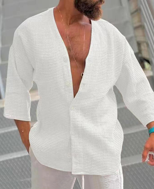 Casual Plain Waffle V-Neck 3/4 Sleeve Loose Button Shirt