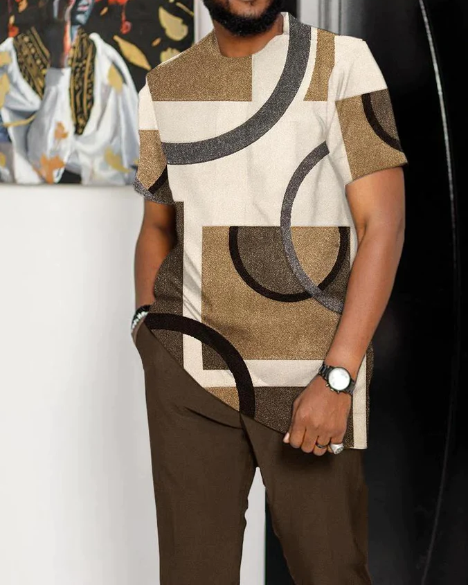 Brown color block print casual short-sleeved two-piece suit  057