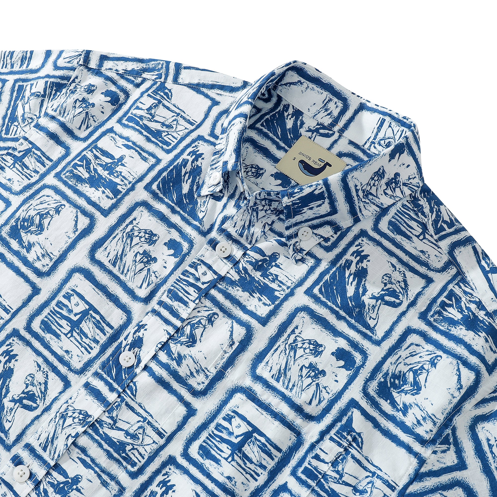 Surf Memory Photo Frame Blue Men's Shirt 100% Cotton Natural Shell Buttons