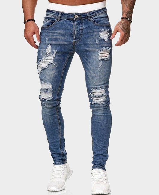 Denim Casual Plain Light Washed Ripped Denim Pencil Pants
