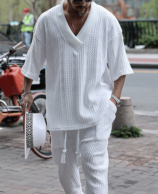 Casual Plain V Neck Half Sleeve Loose Shirt & Drawstring Pants 2Pcs Set