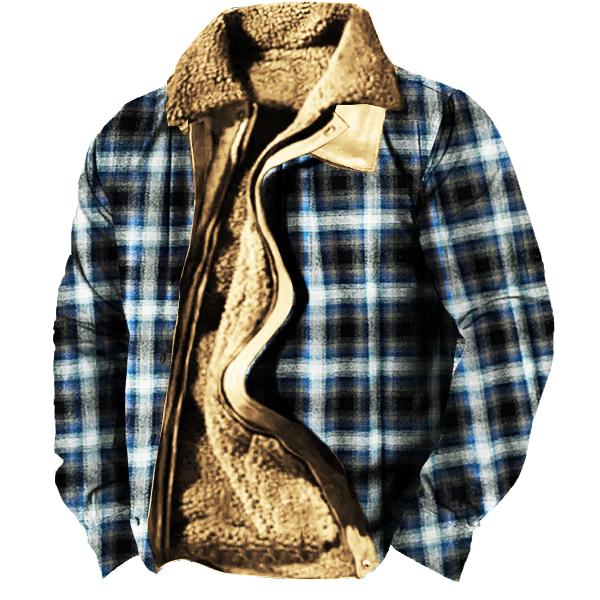 Men's Winter Warm Plaid Wool Collar Jacket