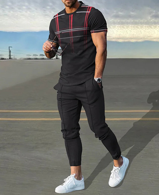 Casual Ombre Plaid Short Sleeve T-Shirt & Pants 2Pcs Set