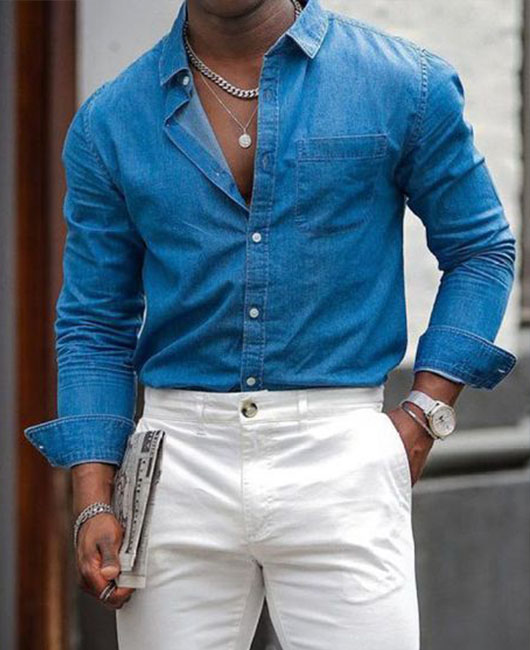 Casual Pocket Design Turndown Collar Long Sleeve Denim Shirt