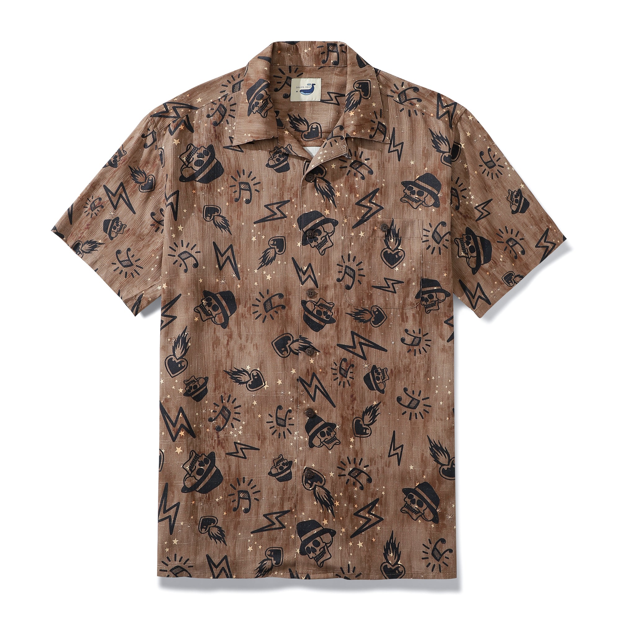 Skull Music Brown Luxurious 100% Silk Shirt Timeless With Camp Collar
