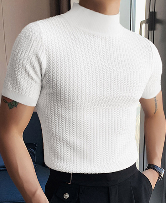 Fashion Plain Mock Neck Short Sleeve Slim Fit Shirt