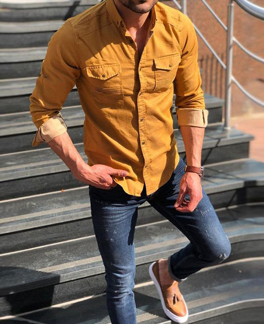 Daily Solid Pocket Turndown Collar Long Sleeve Denim Shirt