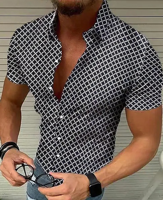 Classic Plain Gingham Lapel Collar Short Sleeve Shirt