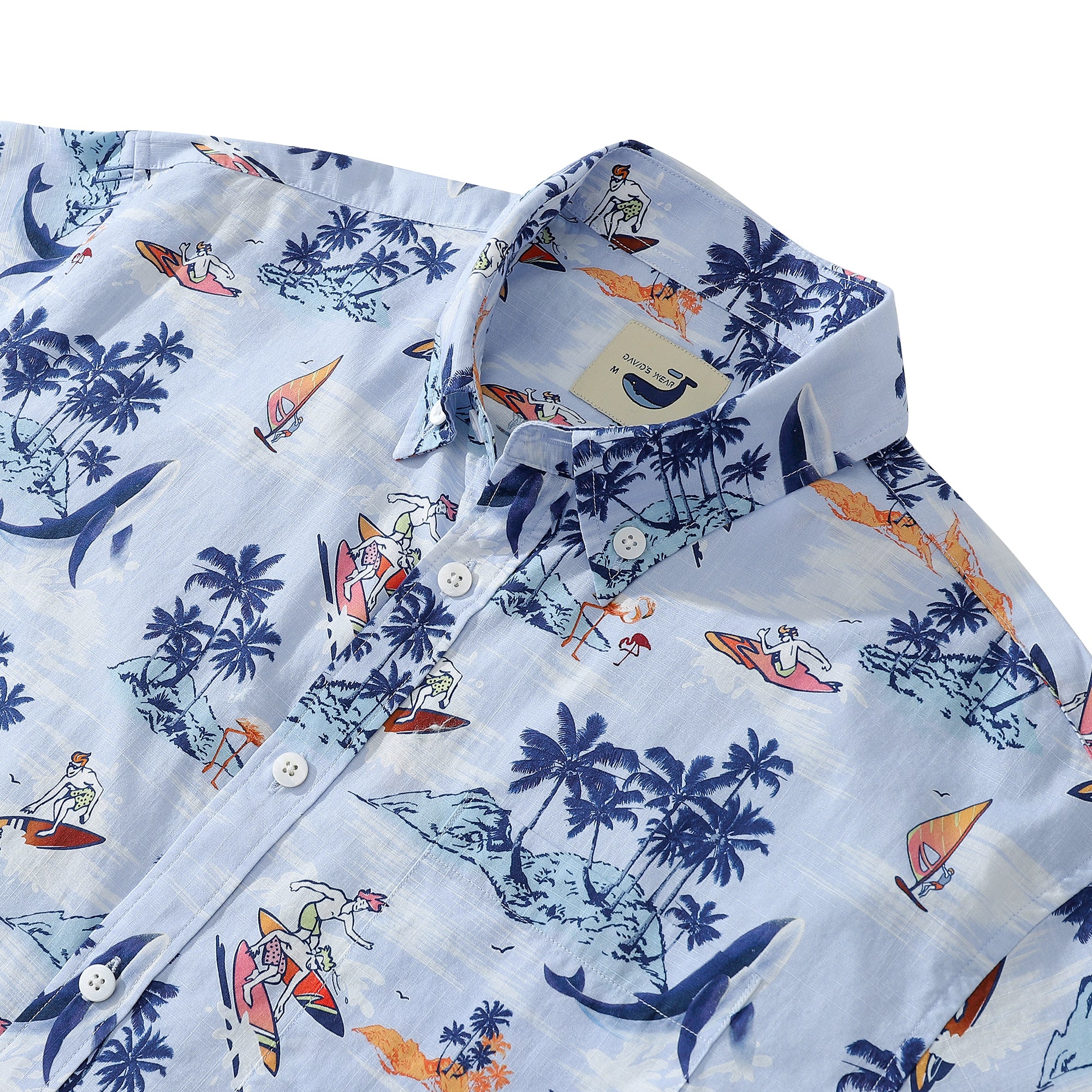 Surf Boy And Whale Light Blue Men's Button-down Shirt 100% Cotton