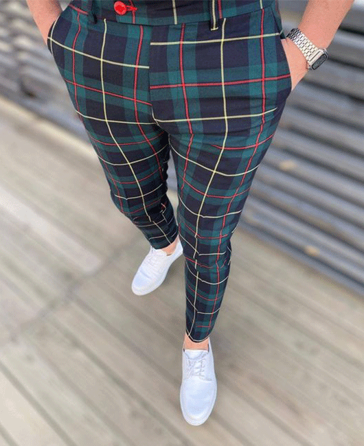 Classic Plaid Pocket Skinny Straight Pencil Pants