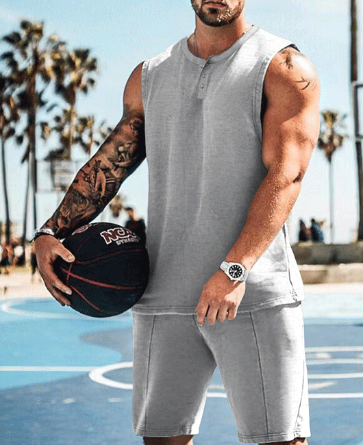 Sporty Plain Henry Neck Sleeveless Tank Top & Shorts 2Pcs Set