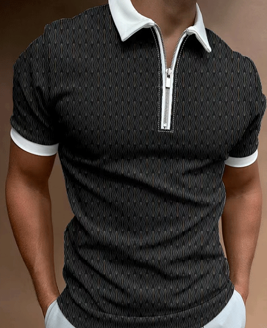 Casual Plain Geometric Print Lapel Collar Short Sleeve Zipper Polo Shirt