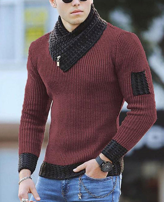 Men Scarf Neck Zip Up Contrast Trim Knitted Sweater