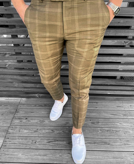 Business Plaid Print Pocket Straight Pencil Pants