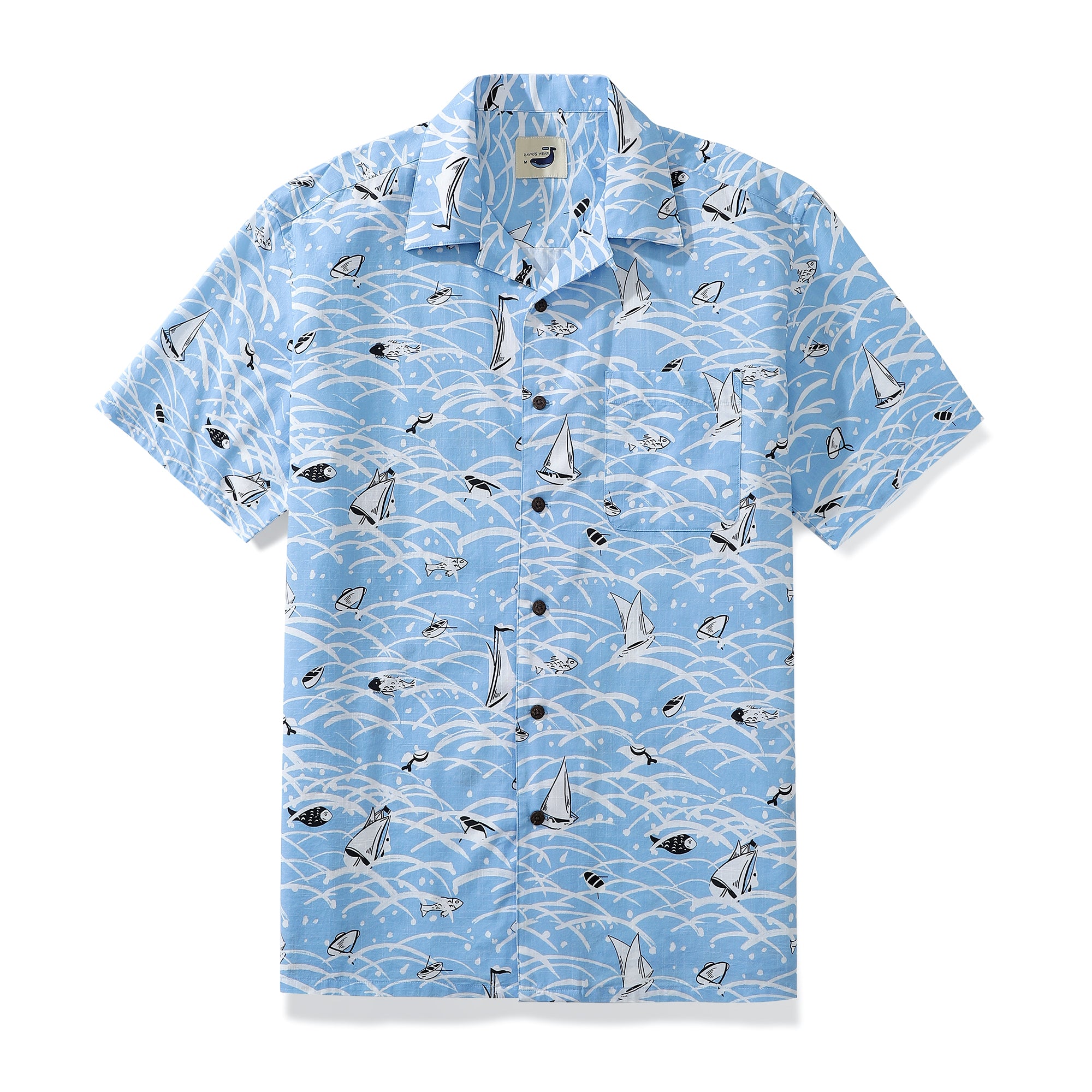 Fish Leaping Over The Sea Sailboat Light Blue Men's Camp Shirts 100% Cotton