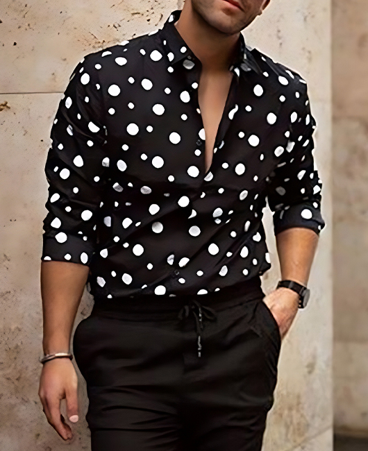 Casual Polka Dot Print Long Sleeve Lapel Collar Button Shirt