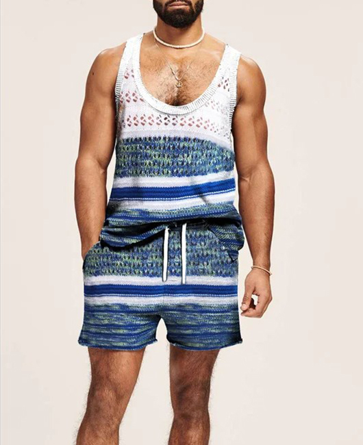 OK Casual Scoop Neck Striped Loose Tank Top & Shorts 2Pcs Set