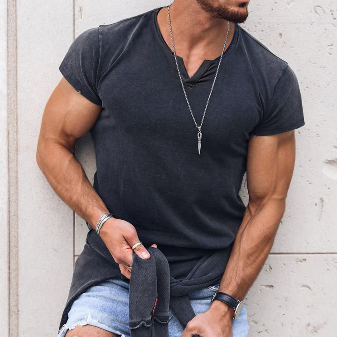 Men's V-neck Solid Color Breathable T-Shirt Casual Retro Outdoor Motorcycle Top