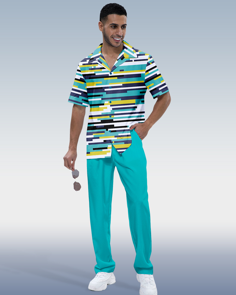 Men's Blue Horizontal Stripe Short Sleeve Walking Suit