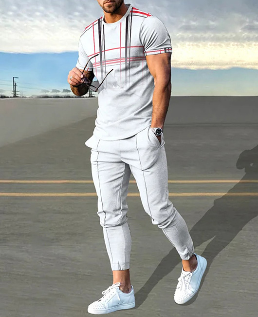 Casual Ombre Plaid Short Sleeve T-Shirt & Pants 2Pcs Set