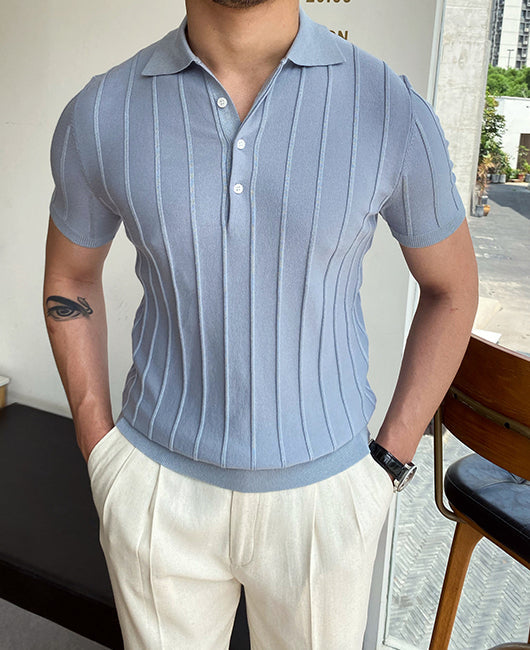 Striped Half Button Solid Knit Polo Shirt