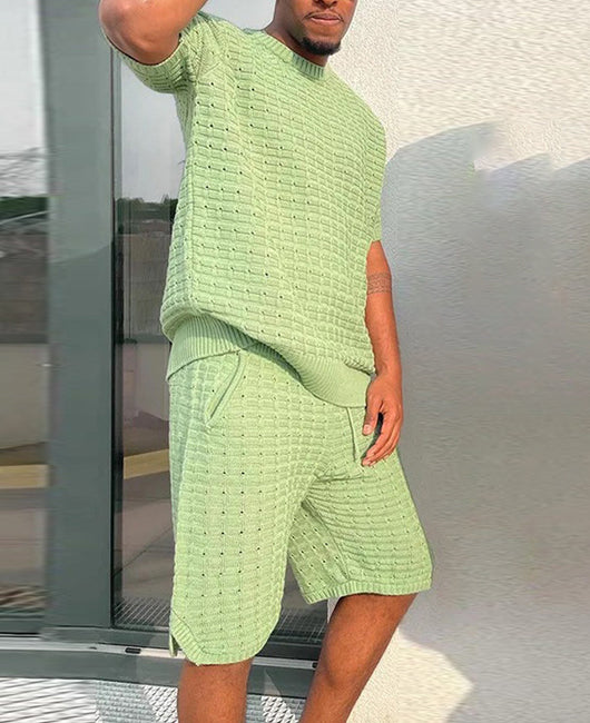 Men Solid Color Knit Detail Top & Drawstring Shorts