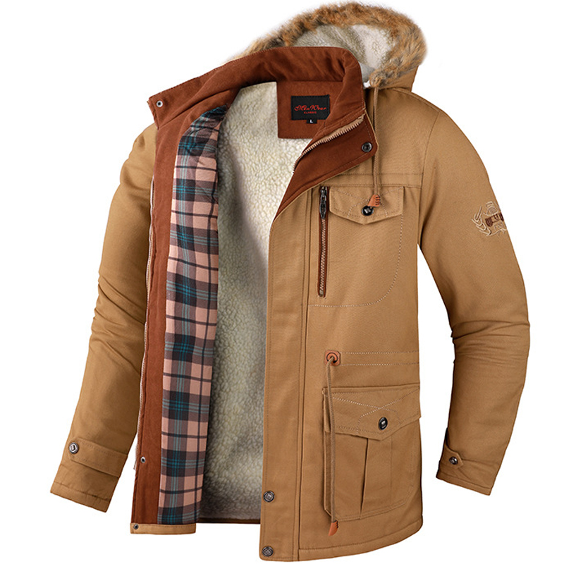 Men's Outdoor Casual Lamb Wool Mid Length Hood Off Jacket
